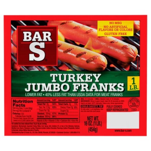 BAR S JUMBO TURKEY FRANKS 1 LB/8 PK 16 OZ