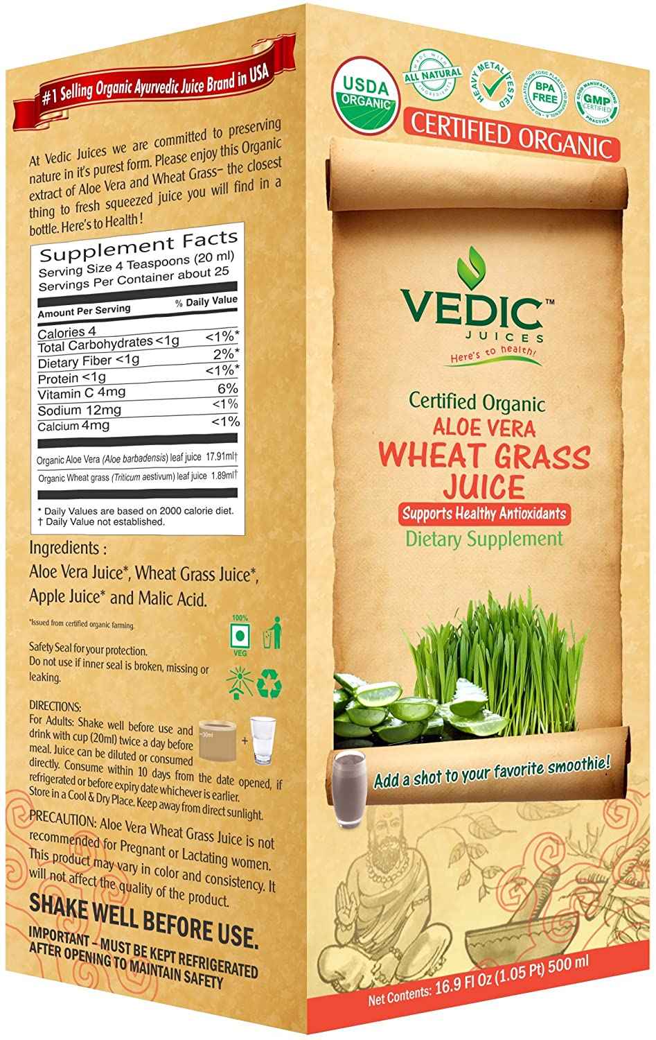 Vedic Certified Organic Aloe Vera Wheat Grass Juice