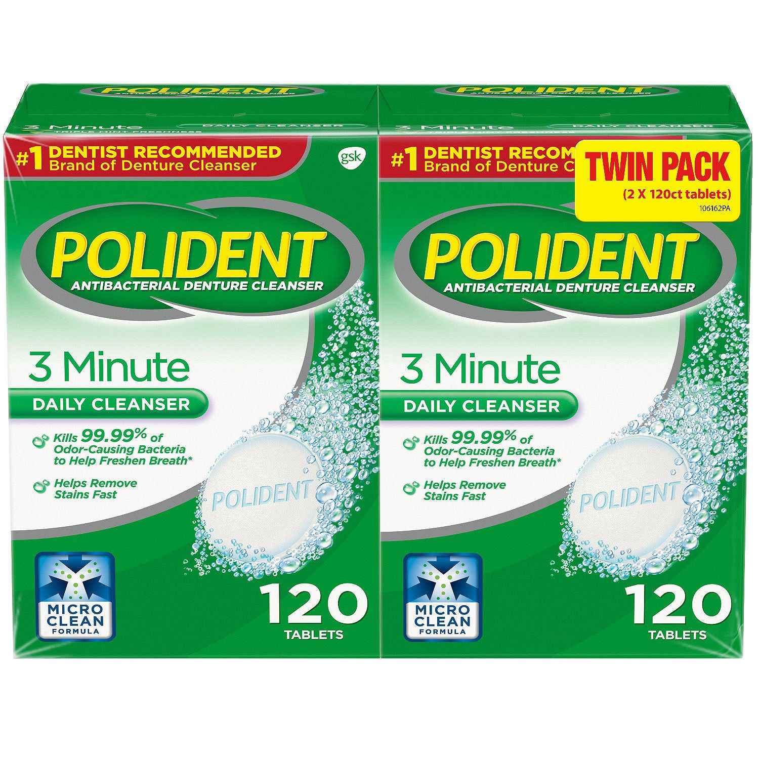 Polident 3 Minute Triple Mint Antibacterial Denture Cleanser Effervescent Tablets