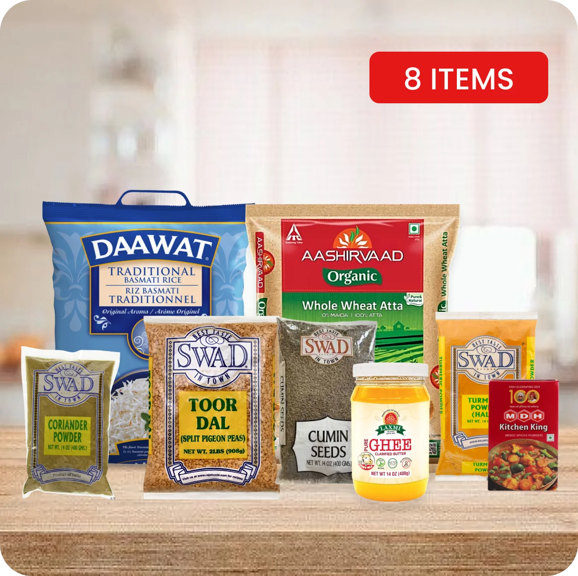 Monthly Essentials Pack Atta Rice Dal Ghee Masala 8 Pack