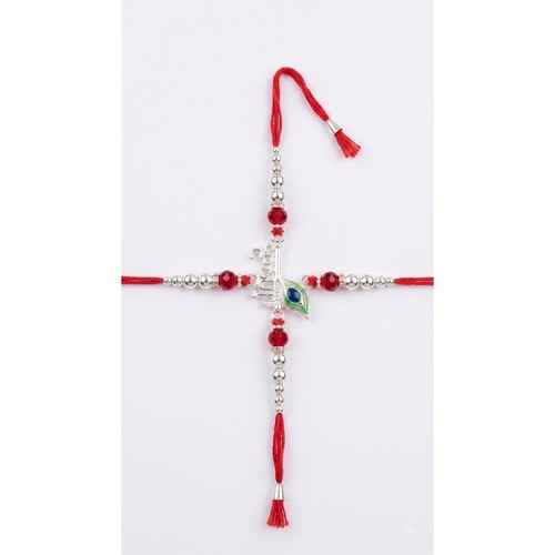 Red And Silver Krishna Rakhi For Brother