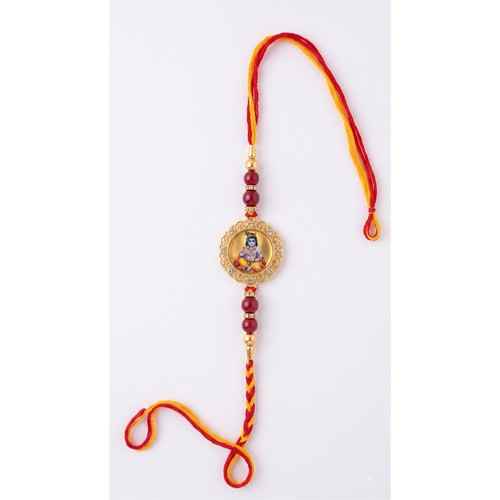 Red And Yellow Thread Baby Krishna Beaded Rakhi