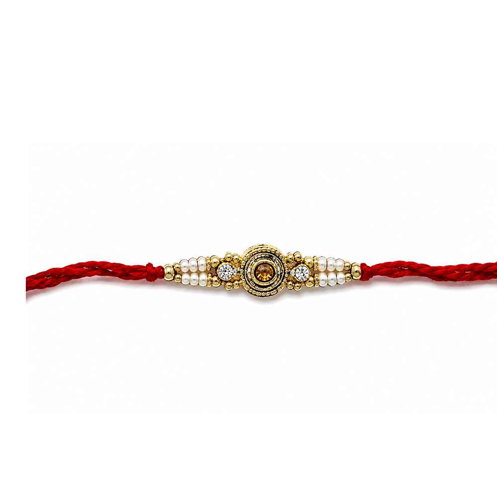 Red Thread Pearl And Golden Beaded Rakhi For Brother