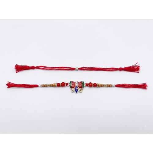 Red Thread Blue And Silver Beaded Rakhi