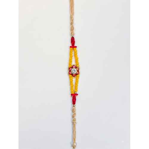 Yellow Beaded Thread Rakhi With Crystal Centerpiece