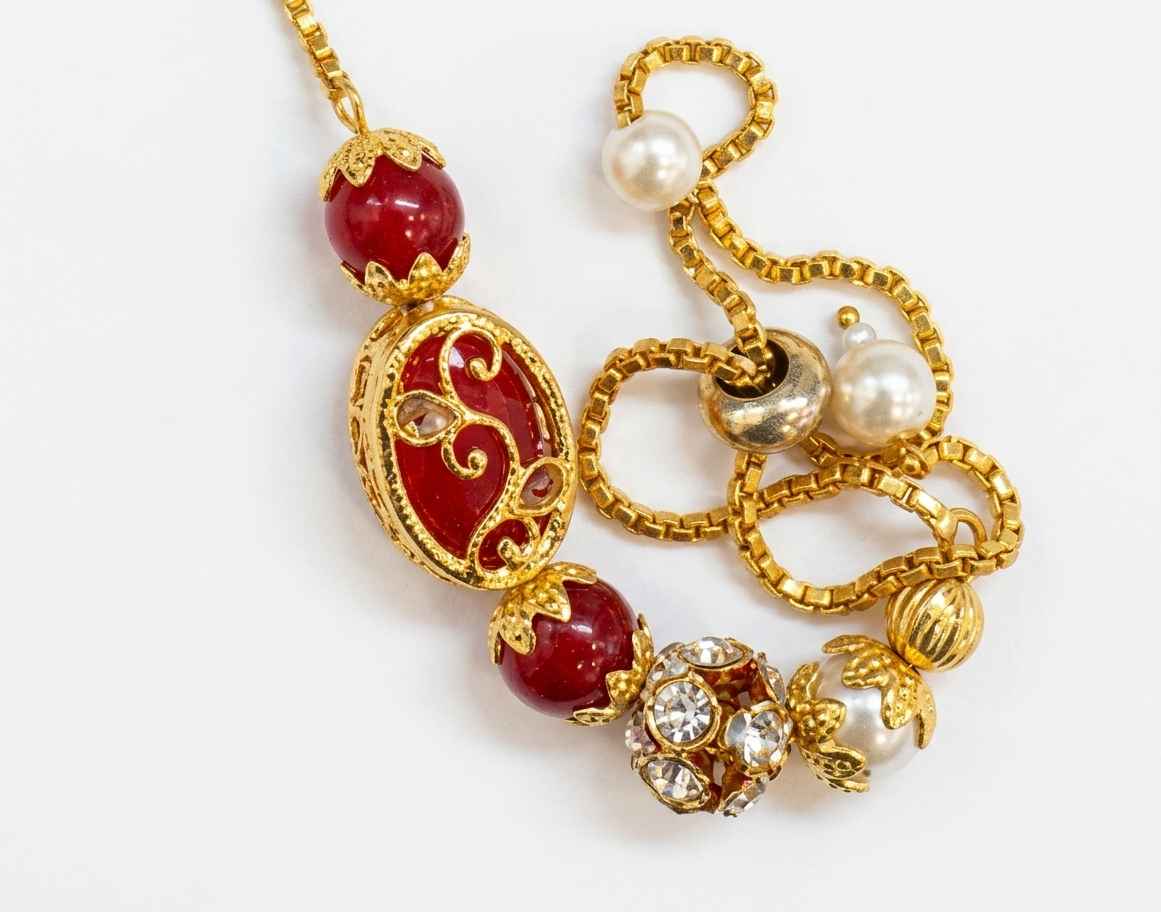Red Stone & Pearl With Antique Gold Rakhi 