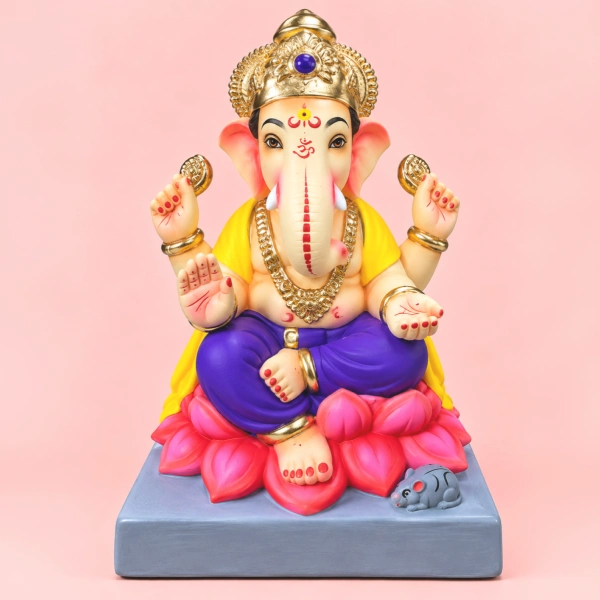 Hand Painted Ganesh Idol With Kamal Lotus Base 9 Inch