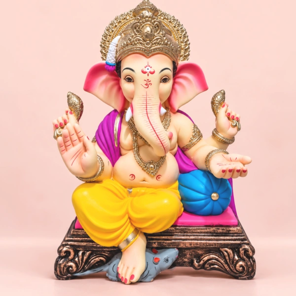 Hand Painted Clay Ganesh Idol With Single Load Design 12 Inch