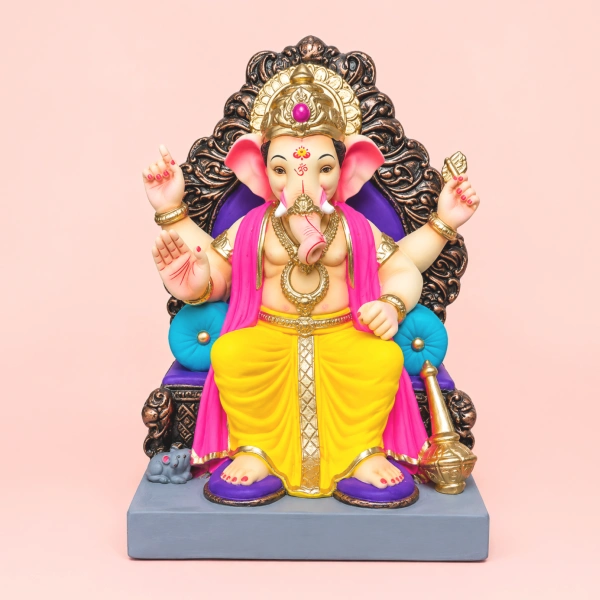 Hand Sculpted Ganesh Idol With Lalbaugcha Raja Style Design 12 Inch