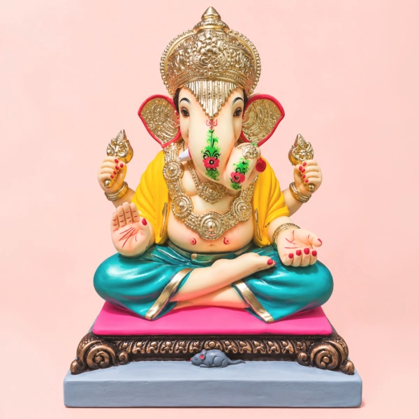 Dagdusheth Style Clay Ganesh Idol With Ornate Crown 12 Inch