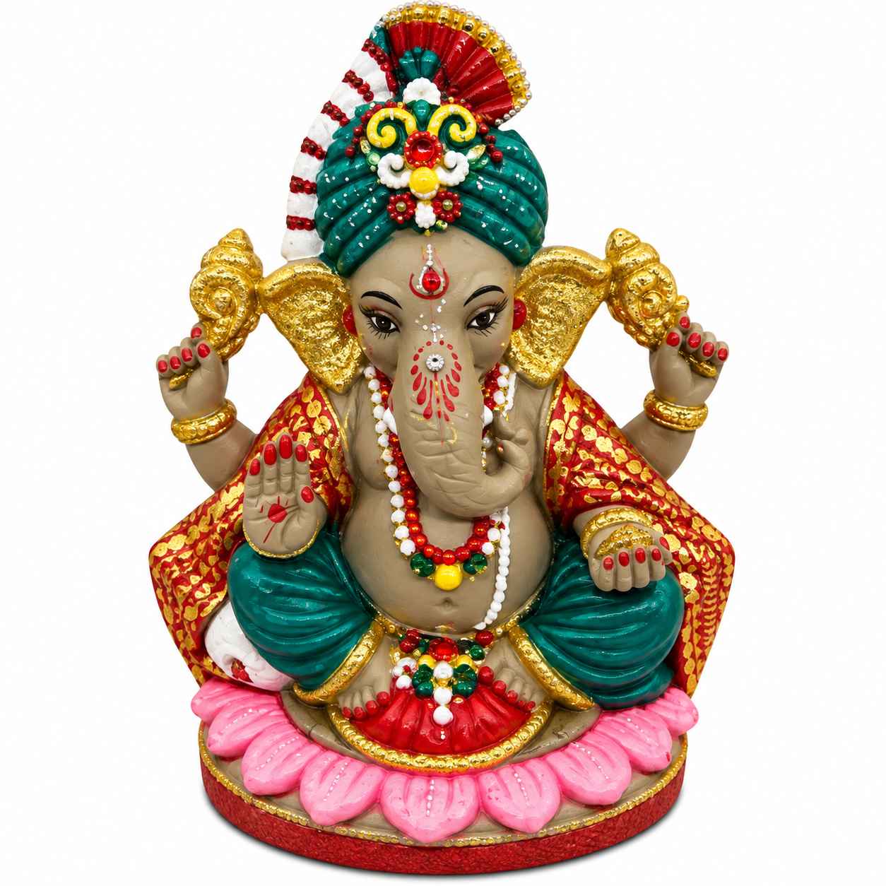 Hand Painted Clay Ganesh Idol With Lotus Base 8.5 Inch