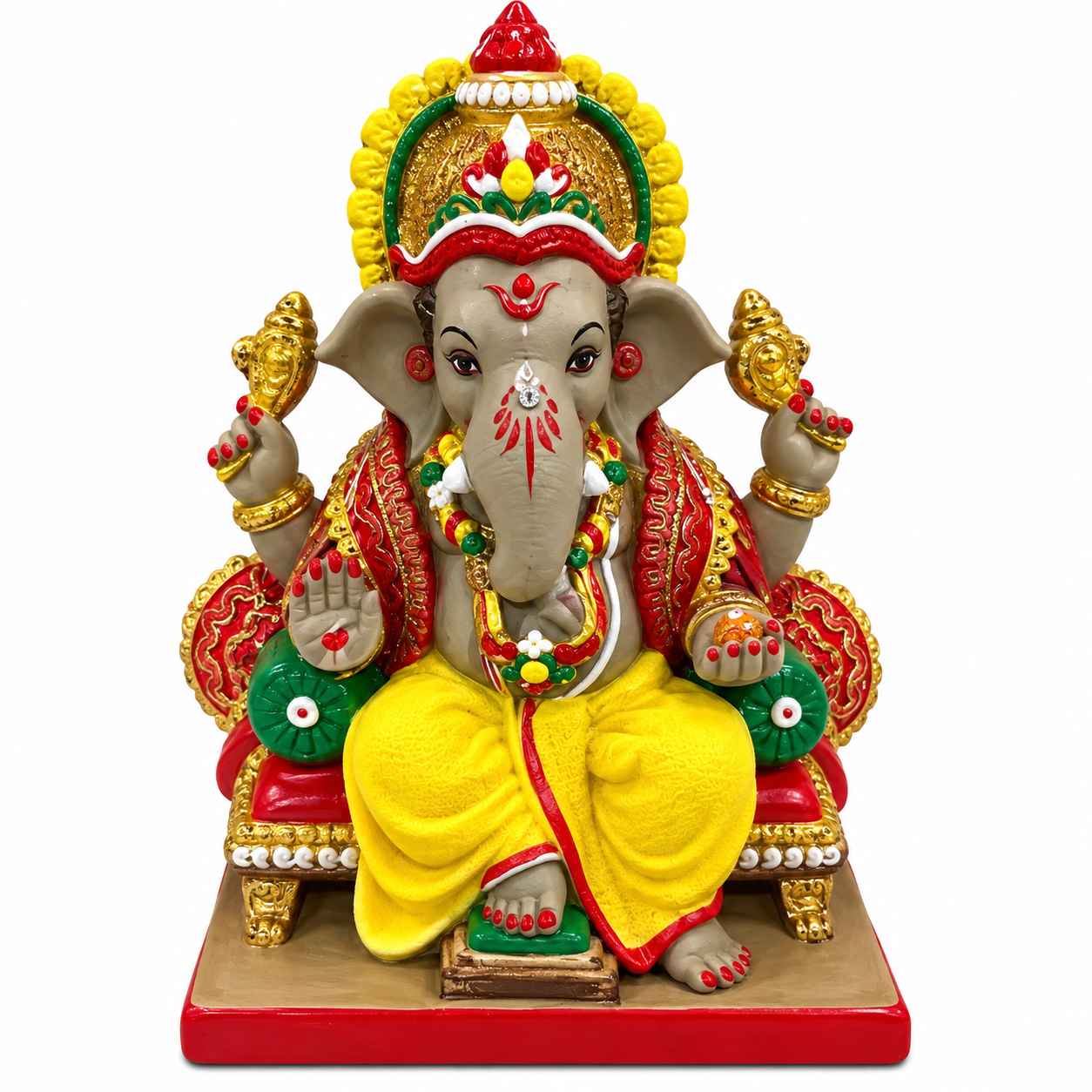 Hand Painted Clay Ganesh Idol With Ornate Lotus Base 8.5 Inch