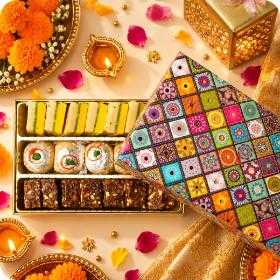 Diwali Mithai Box with Diyas and Marigolds	
