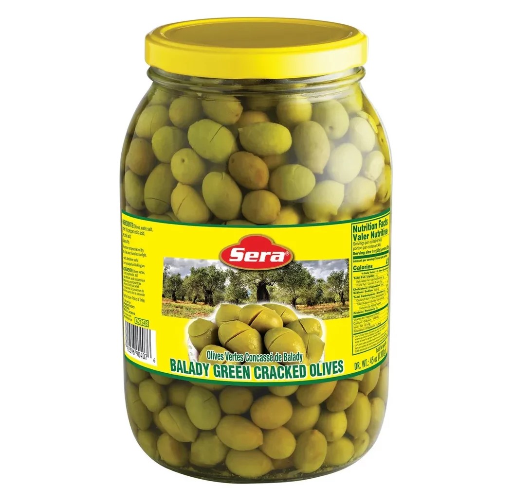 SERA CRACKED GREEN OLIVES BALADY 45 OZ