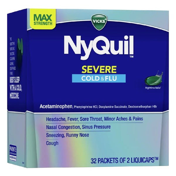 Vicks Nyquil Severe Cold&Flu Dispensers Liq Caps   Case 32 PCS
