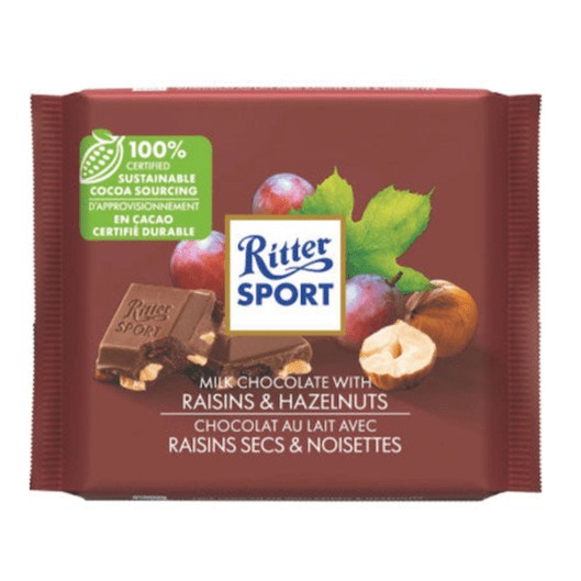 RITTER SPORT MILK CHOCOLATE WITH RAISINS And HAZELNUT 0.22 Lbs