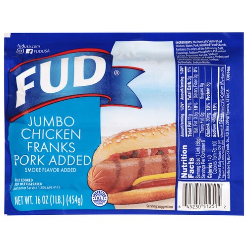 FUD CHICKEN FRANKS W/PORK JUMBO 16 OZ
