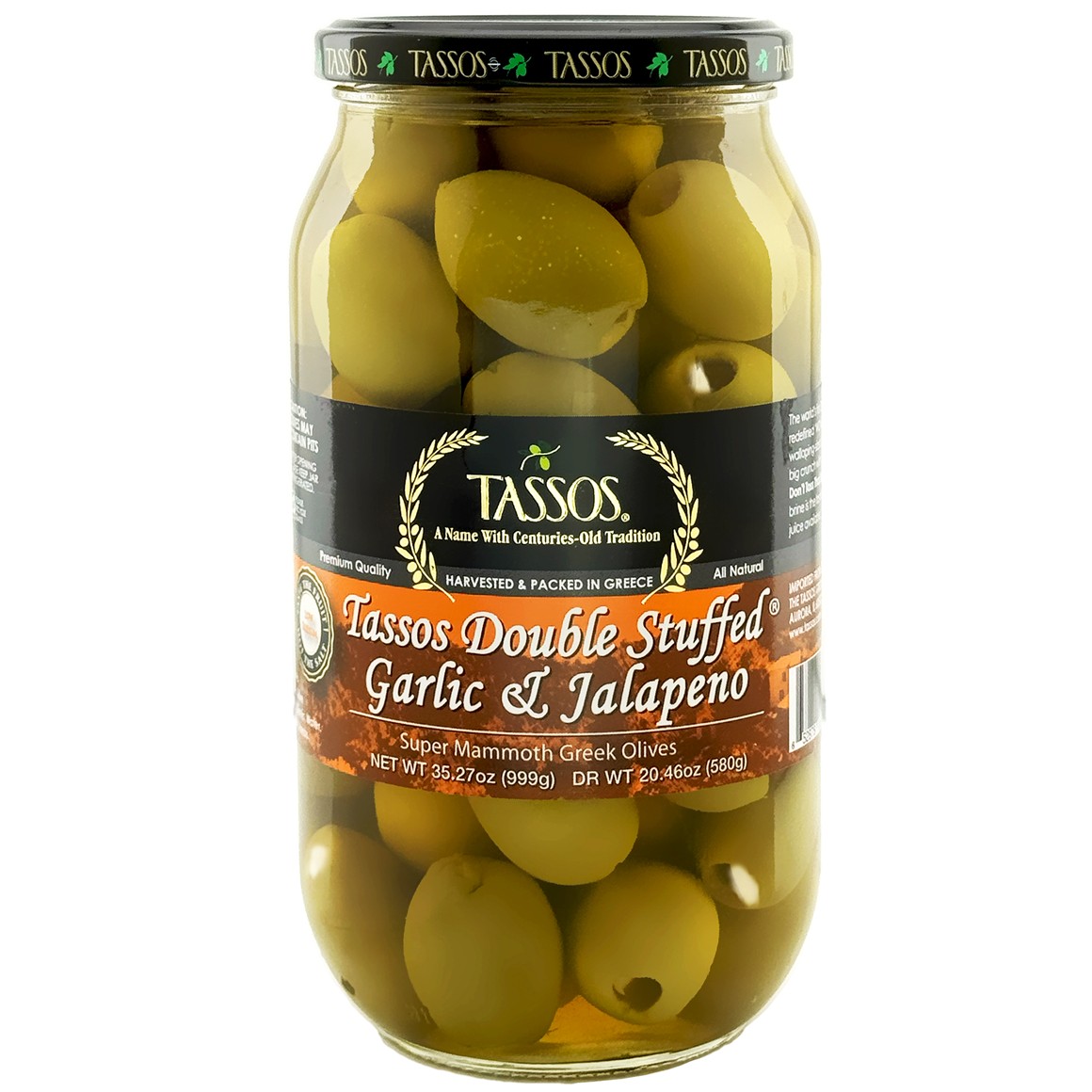 Tassos Jalapeno/Garlic Olives 20.46 OZ
