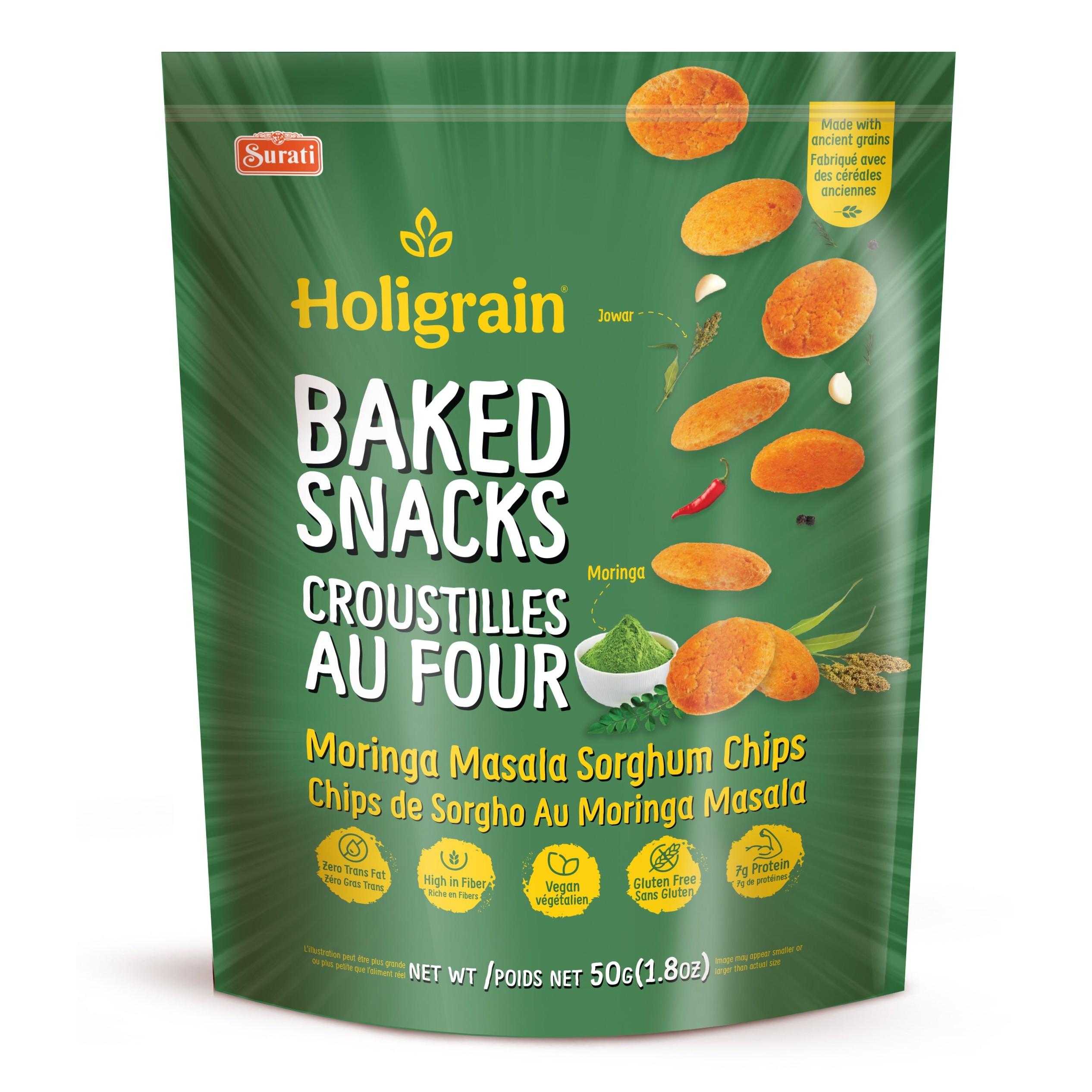 BAKED SNACKS MORINGA MASALA SORGHUM CHIPS  SURATI 50 GM