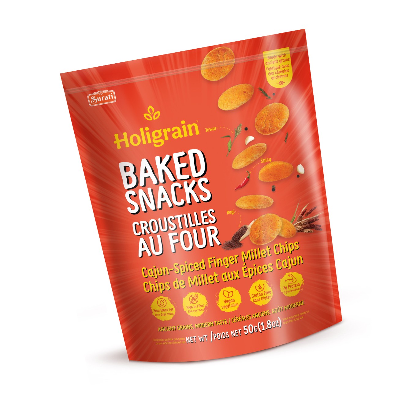 BAKED SNACKS CAJUN SPICED FINGER MILLET CHIPS  SURATI 50 GM