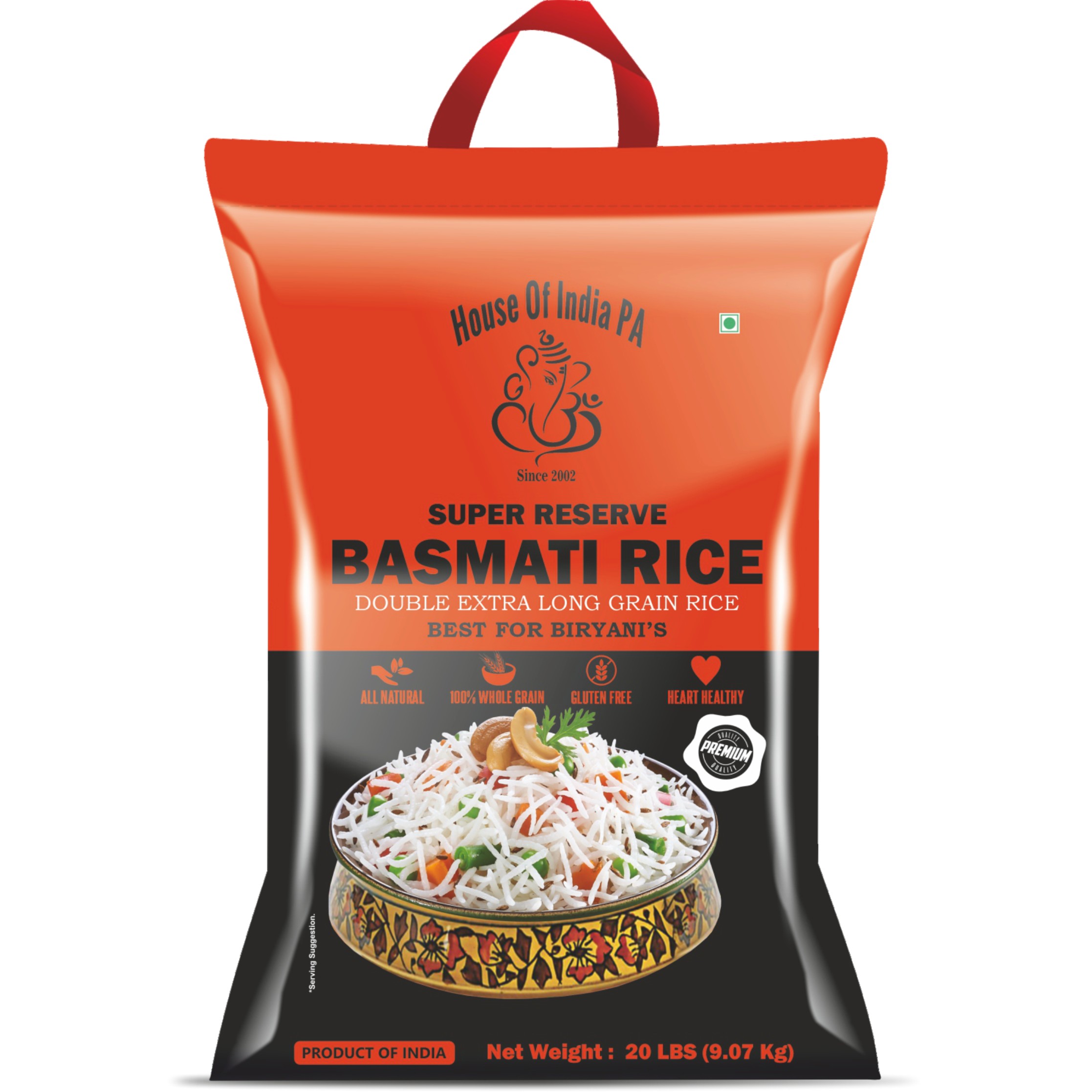 HOUSE OF INDIA SUPER RESERVE DOUBLE EXTRA LONG BASMATI RICE 20 LBS