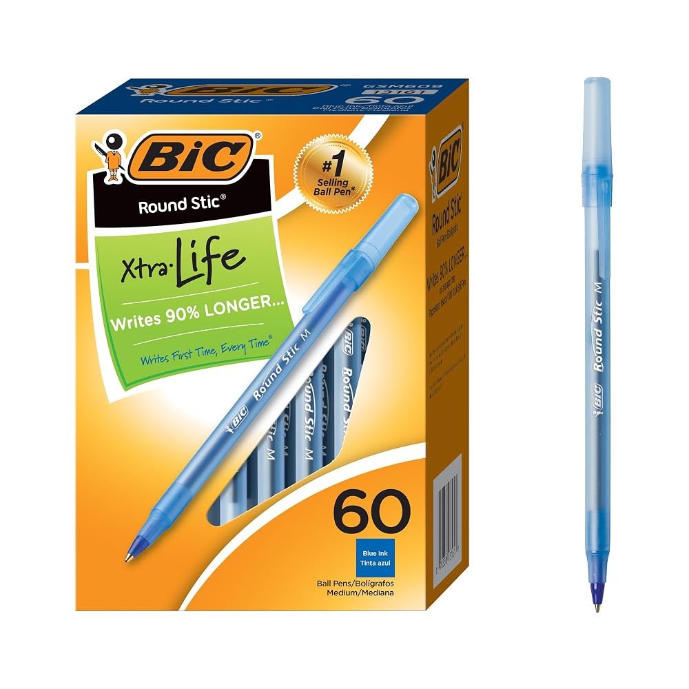 Bic Round Stic Xtra Life Medium Ballpoint Pen Blue 60 PCS