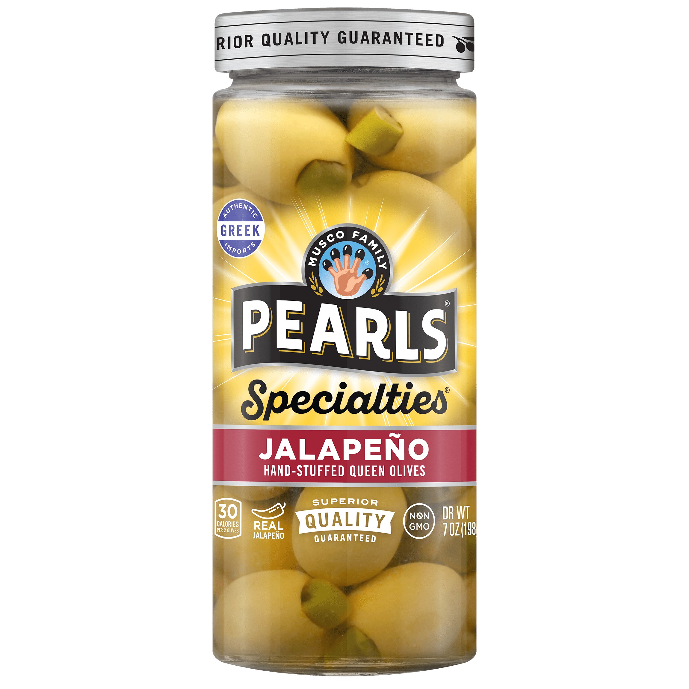 PEARLS GARLIC /JALAPENO QUEEN OLIVES 7 OZ
