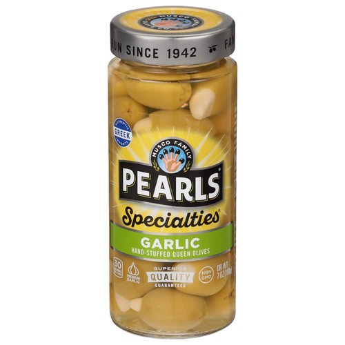PEARLS QUEEN GARLIC OLIVES 7 OZ