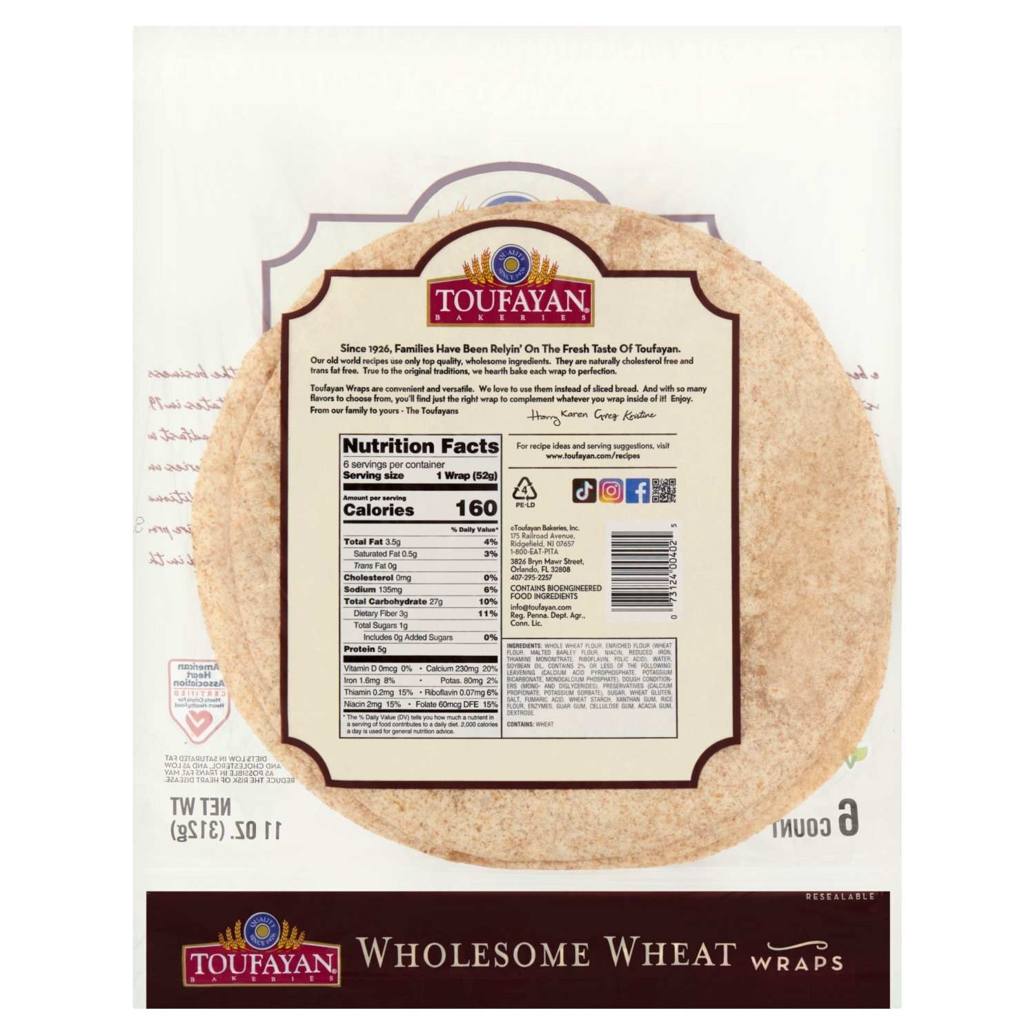 TOUFAYAN WRAPS WHOLE WHEAT 11 OZ