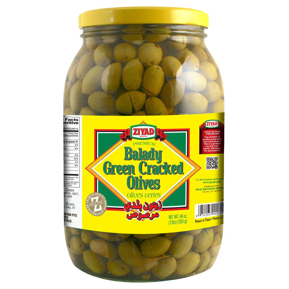 ZIYAD GREEN CRACKED OLIVES BALADY GLASS JAR 48 OZ