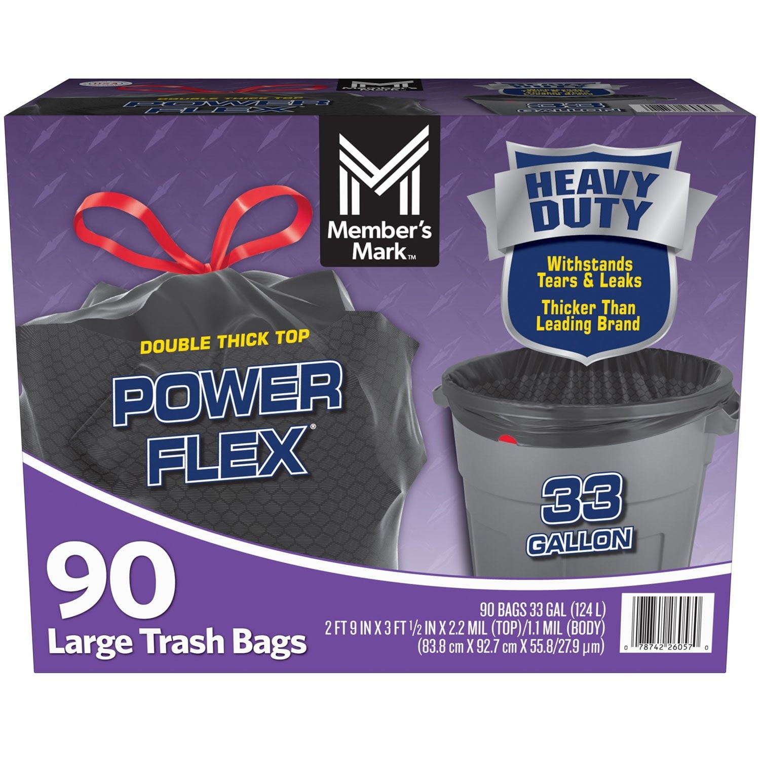 Member's Mark Duble Thick Top Powder (33 Gallon) Flex Large Trash Bags 90 PCS