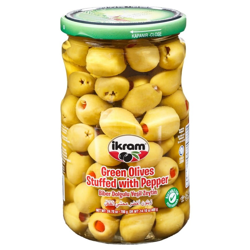 IKRAM GREEN OLIVES WITH RED PEPPER 800 GM