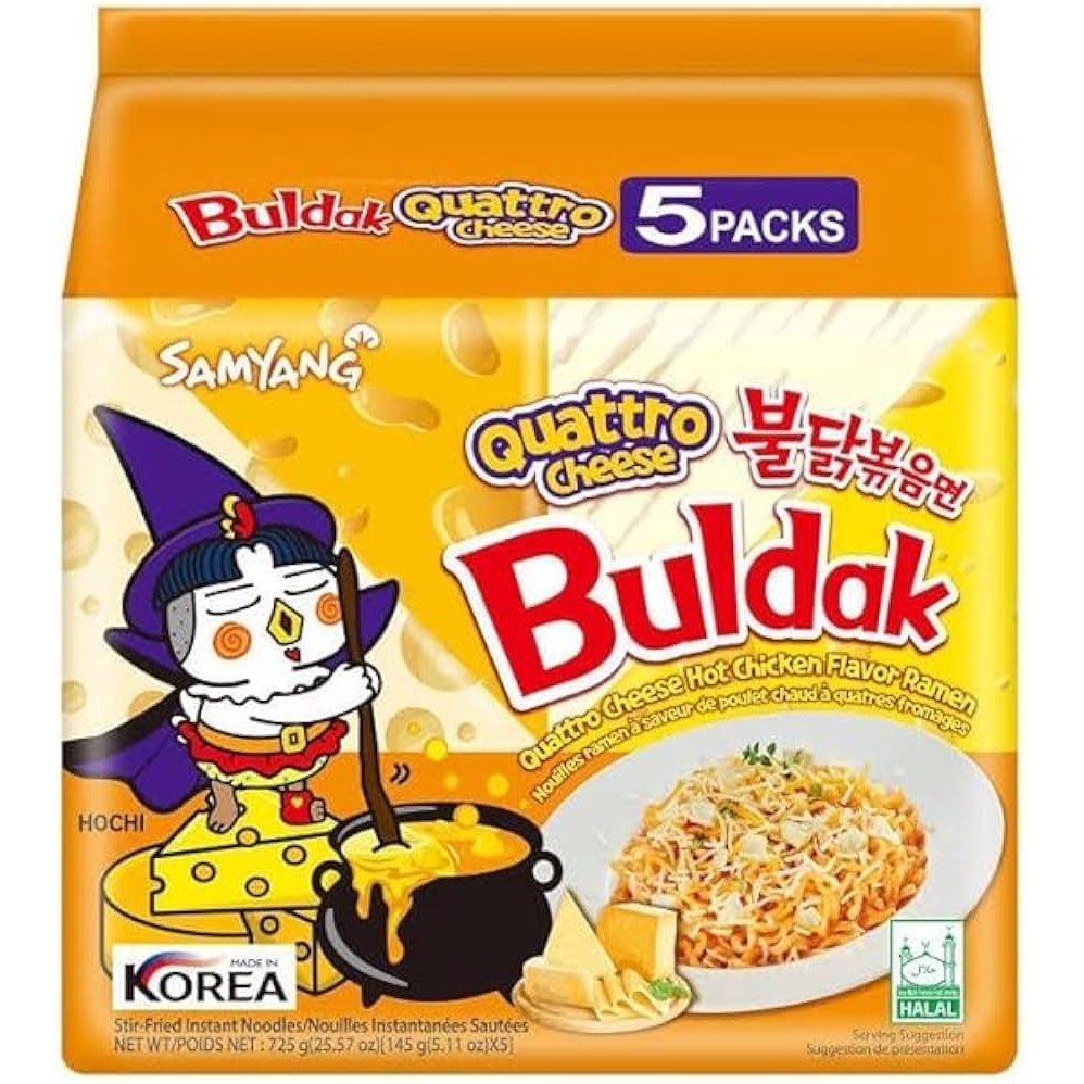 BULDAK QUATTRO CHEESE CHICKEN FLAVOUR STIR FRIED RAMEN NOODLES 725 GM