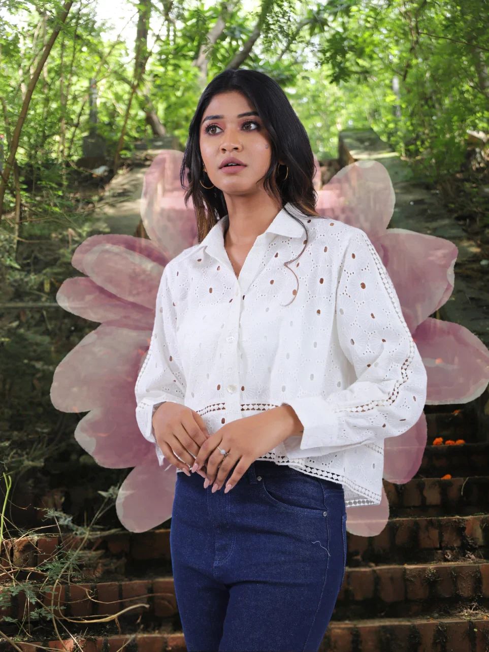White Self Design Schiffli Cotton Casual Shirt