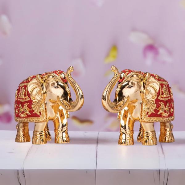 Gold Plated Meenakari Trunk Up Elephant Idol Showpiece for Vastu Prosperity  Good Luck  3 Inches  Pack of 2  Red