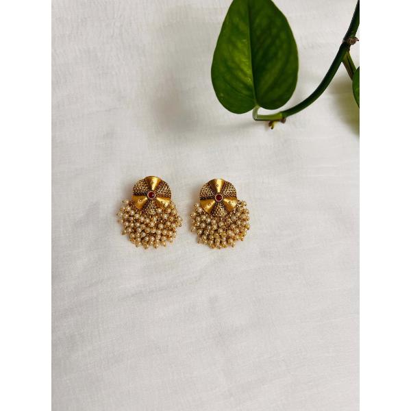Beads and golden antique studs with matte finish  Indian golden earring  Peacock design earring