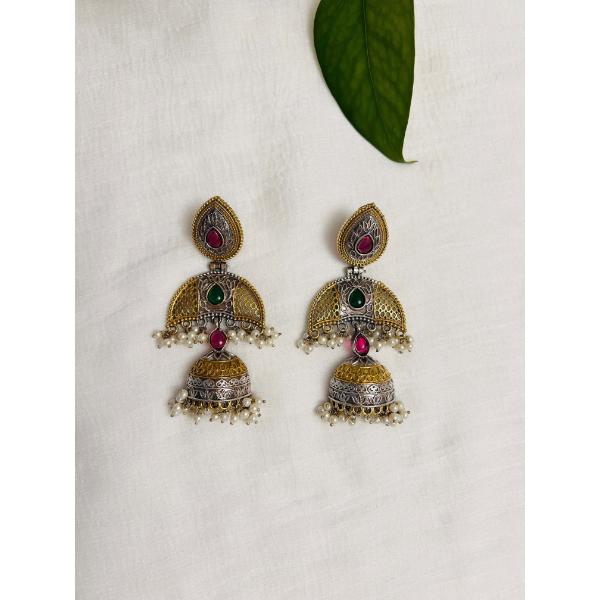 Dual tone Jhumkas  Silver and golden long earring with green and pink stone  Indian jewelry