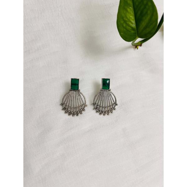 Silver oxidized earring with green stone  Indian jewelry