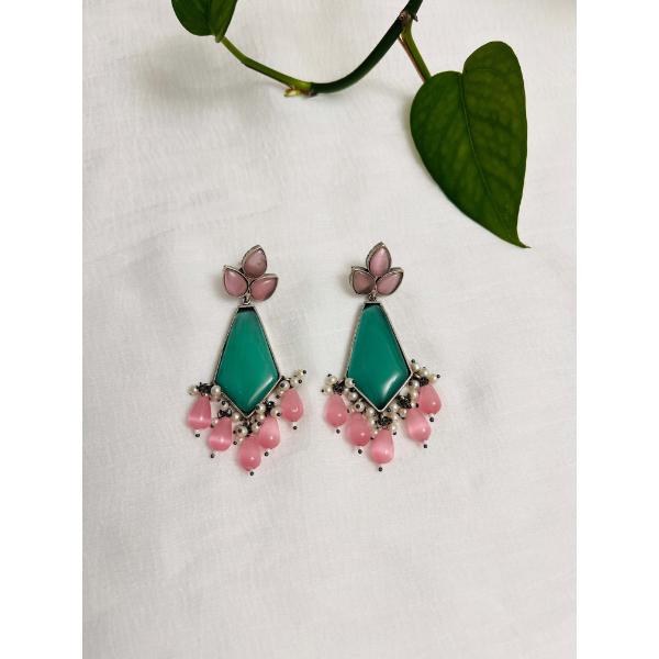 Stunning multicolor chandelier earring  Silver oxidized Indian earring in green and pink stones  Indian jewelry