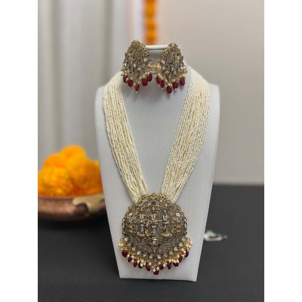 Shri Ram darbar moti mala  Beads stranded necklace and earring victorian finish  Long mala multilayered red beads necklace