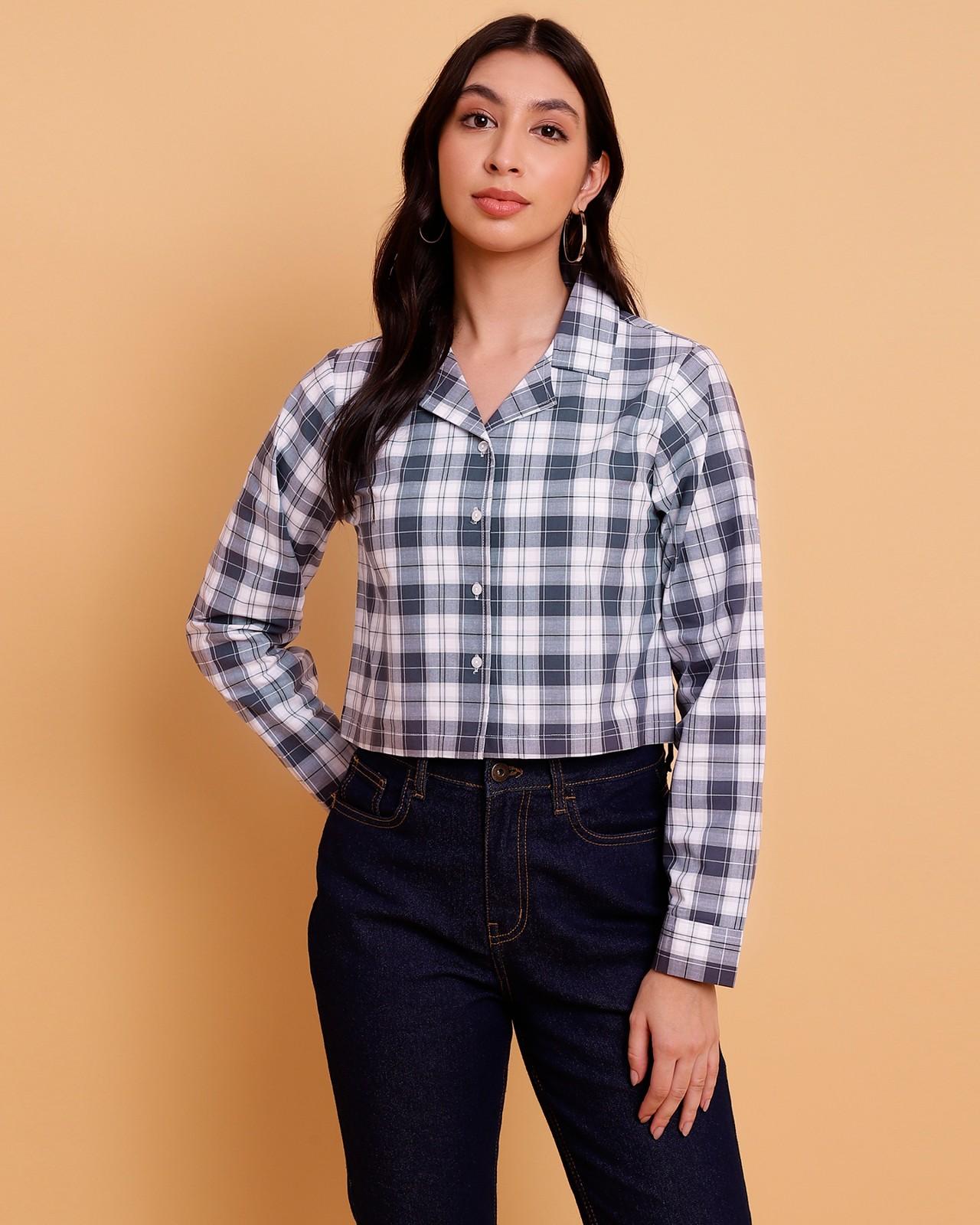 White Grey Crop Shirt With Notched Shawl Collar