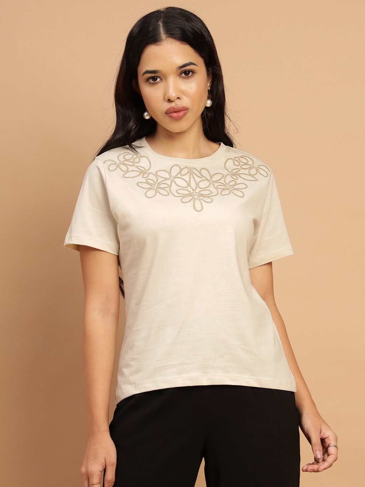 Beige Embroidered Tshirt