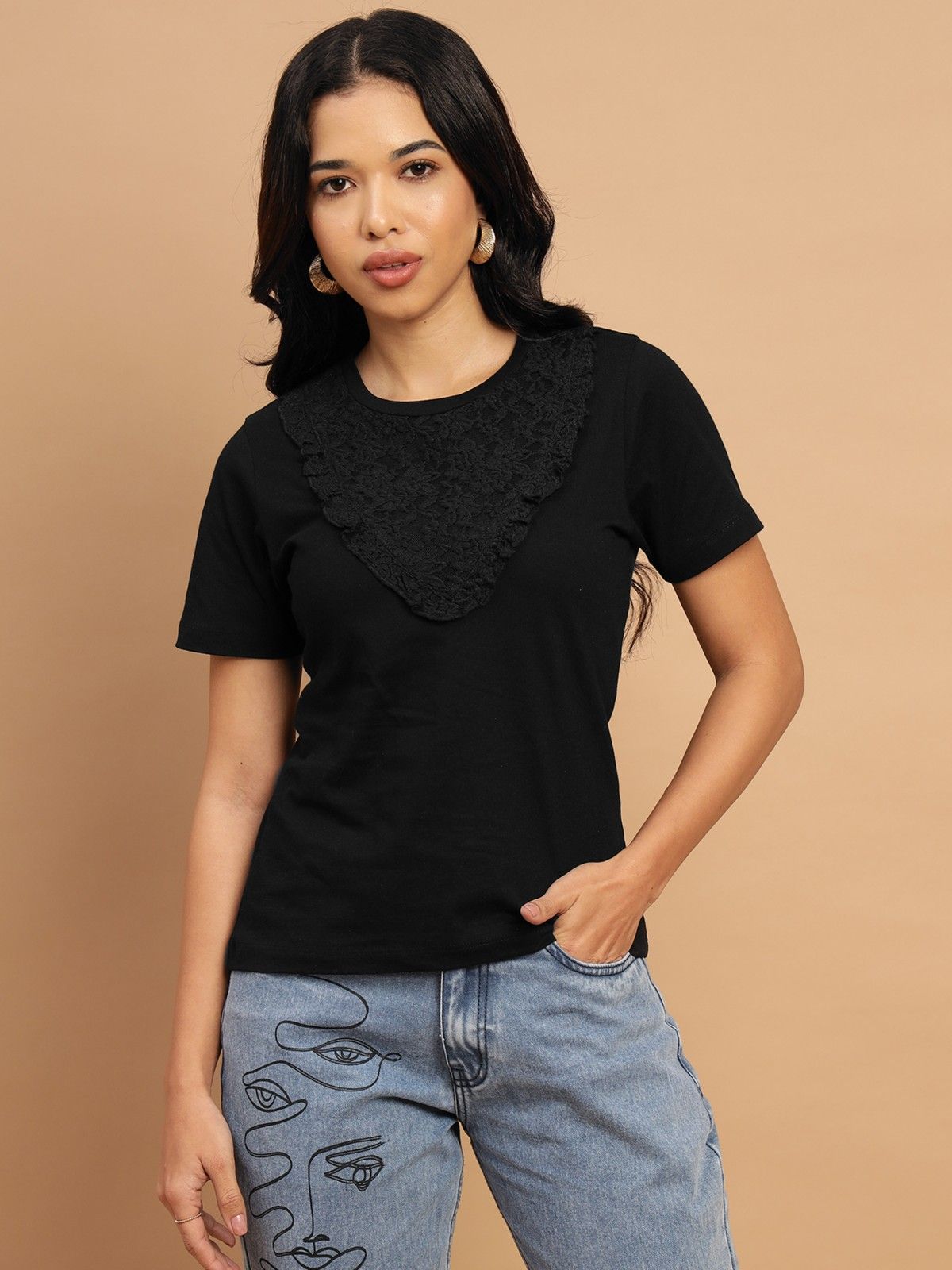 Black Regular Tshirt with lace neck accent