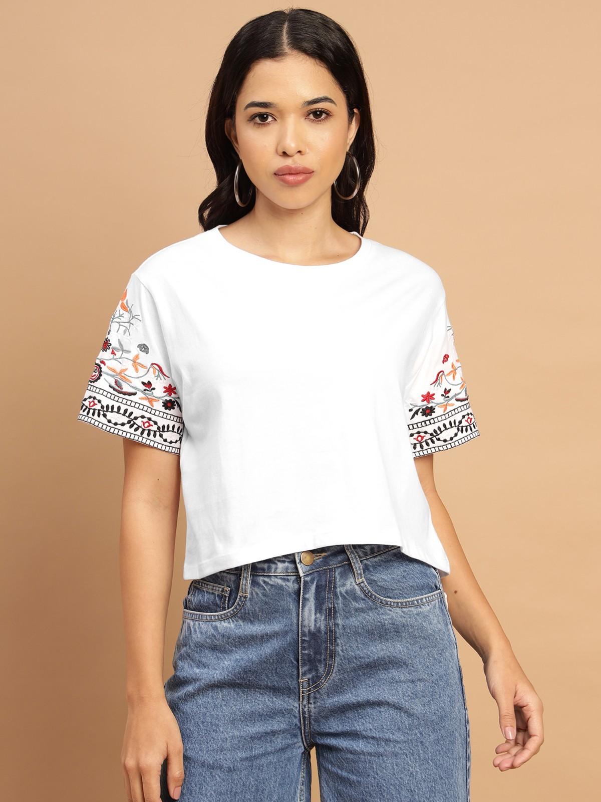 Womens White Crop top with sleeve embroidery