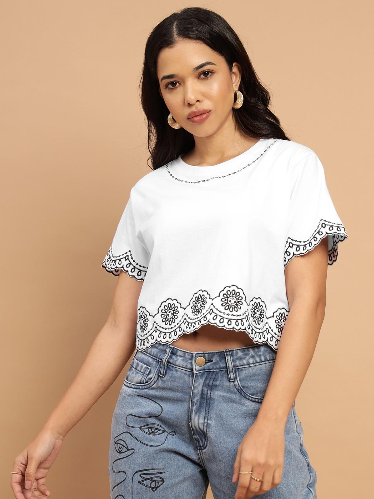 White and black Schiffli Tshirt WHITE color