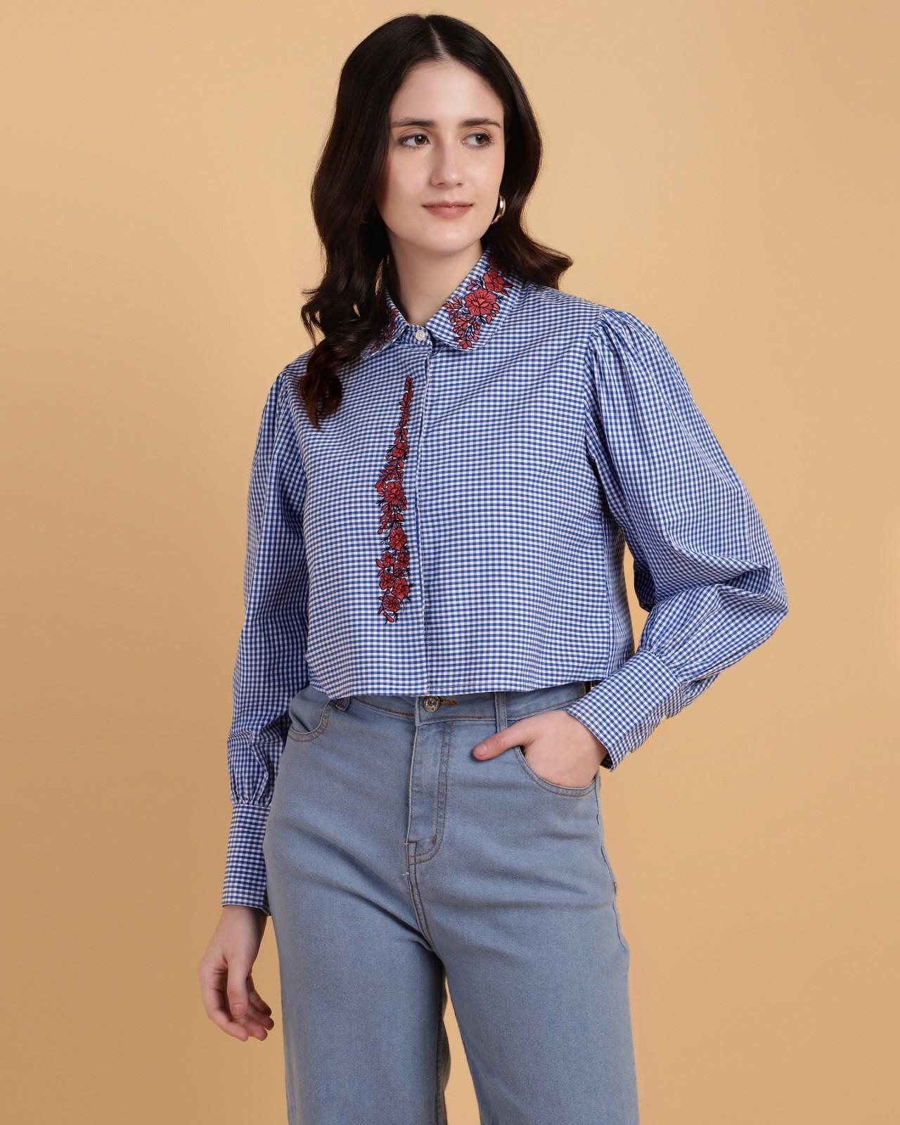 blue checks crop shirt with embroidery