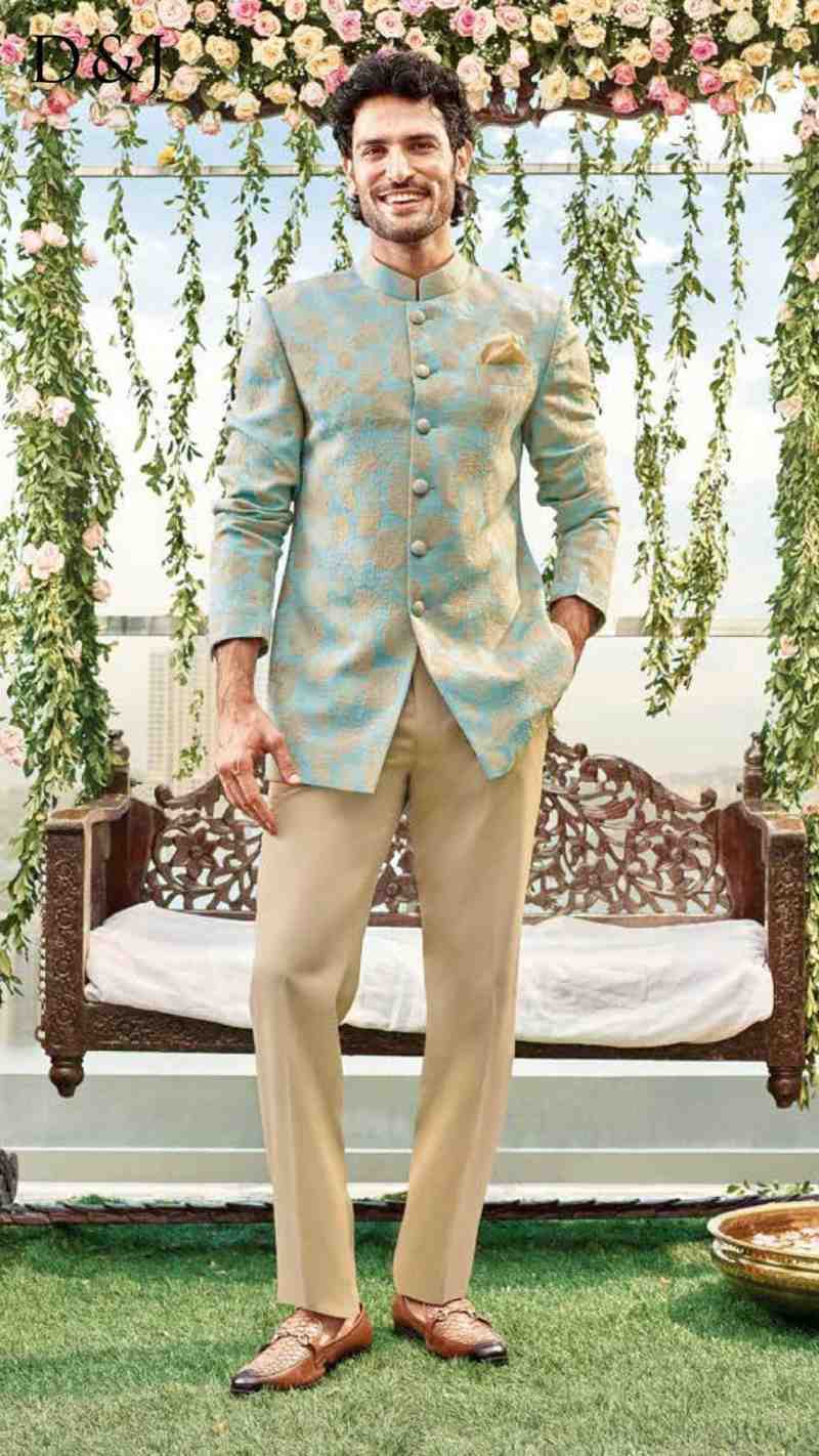 Aqua Gold Brocade Bandhgala Set