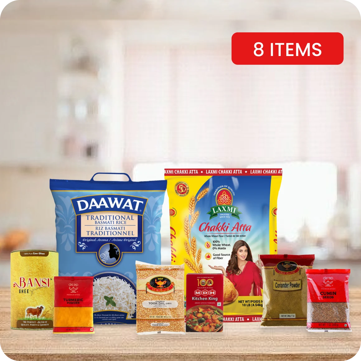 Monthly Essentials Pack Atta Rice Dal Ghee Masala 8 Pack
