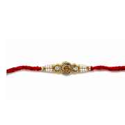Red Thread Pearl And Golden Beaded Rakhi For Brother