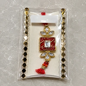 Red And Gold Square Stone Rakhi For Brother